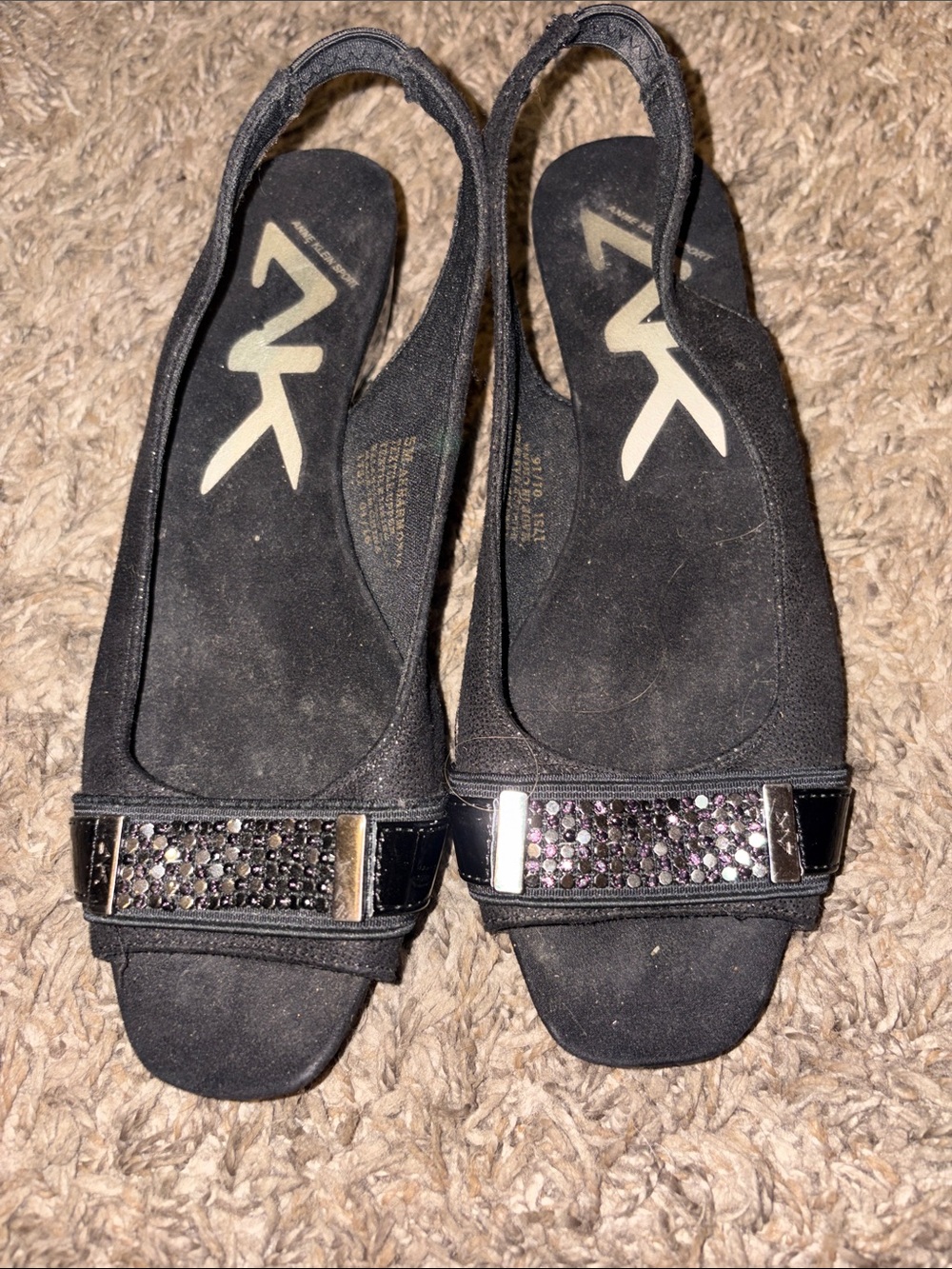 Anne Klein Black Slingback Peep-Toe Flats with Sparkling Embellished Strap